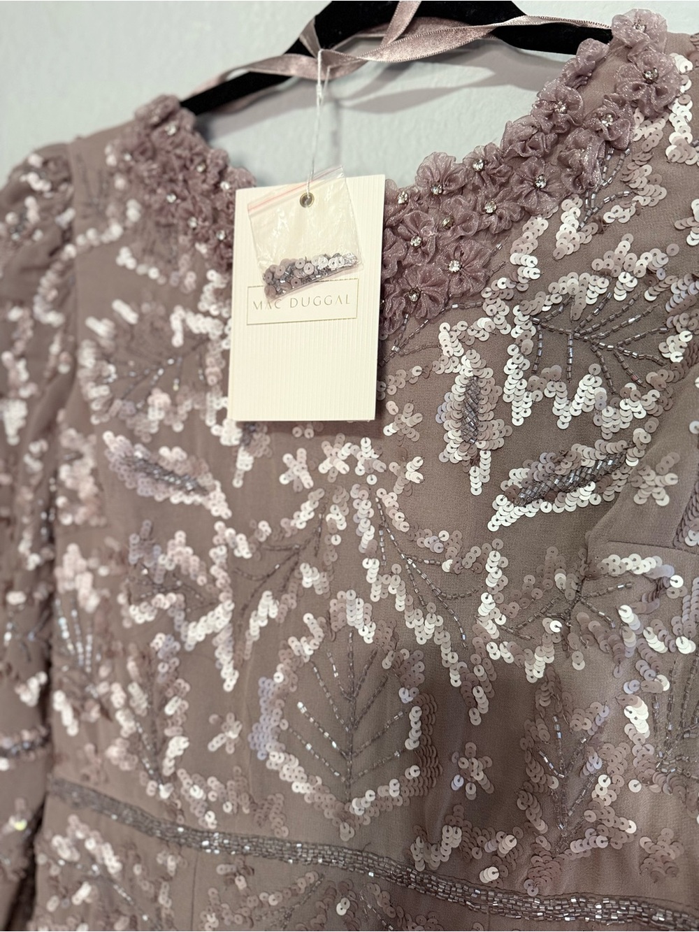 Mac Duggal Dusty Mauve Beaded Long-Sleeve Midi Dress - Picture 3 of 6